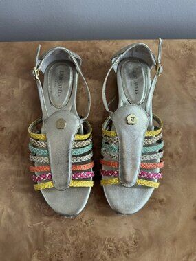 Eric Javits Gold Leather Woven Straw Sandals Slingback Boho 7M